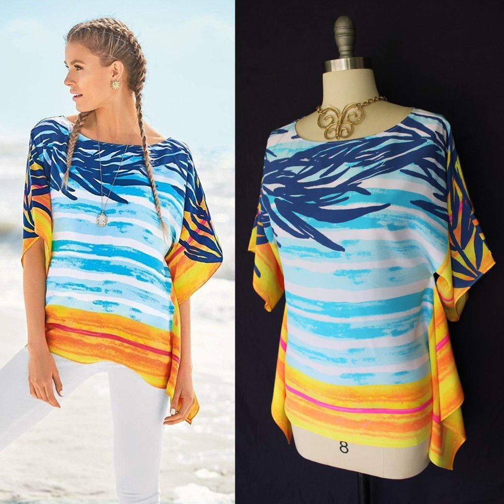 Lilly Pulitzer ROWAN SILK CAFTAN TOP Blue Crush Sunset stripe engineered